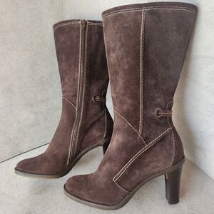 Faconnable heeled boots 8 brown suede Lea mid-calf luxury comfort Made in Italy